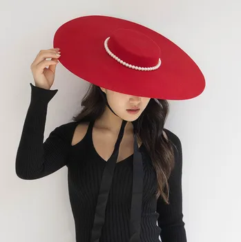 202209-hh2016B ins шикарная дропшиппинг шерстяная фетровая модель для подиума, модная цепочка с мелким жемчугом, женские фетровые шляпы, женская панама, джазовая шляпа