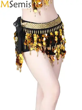 Женский костюм для танца живота в стиле хип-хоп, юбка с блестками, кисточка, блестящий шарф, юбка с запахом, мини-юбка со шнуровкой и бахромой