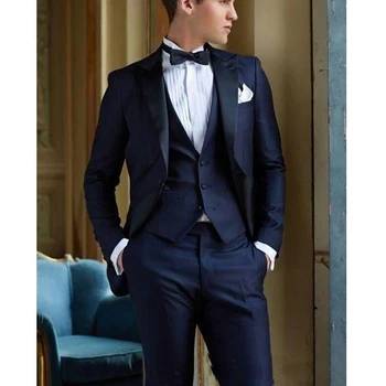 Сшитые на заказ темно-синие Итальянские Свадебные Смокинги для Мужчин, приталенная одежда Жениха, Комплект из 3 предметов, Блейзер (куртка, жилет + брюки + галстук)