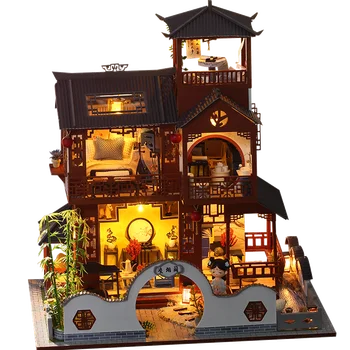 Детские игрушки Кукольный домик с мебелью Сборка Деревянного Миниатюрного Кукольного Домика Smokey Pavillion Diy Кукольный Домик-головоломка Игрушки для детей