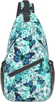 Синяя Цветочная с бабочками, Легкая сумка-слинг, Нагрудная сумка, рюкзак через плечо, Милый Спортивный рюкзак для спортзала, путешествий, походов