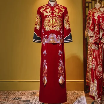 Высококачественный Мужской Костюм Эпохи Тан С Вышивкой Жениха, Банкетное Китайское Традиционное Платье, Свадебный воротник-стойка китайская одежда