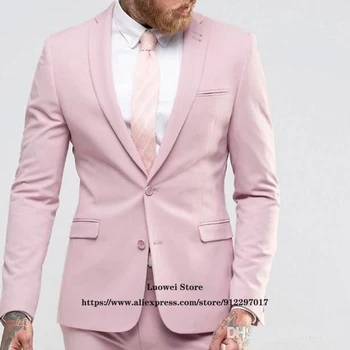 Мужские костюмы Модный Розовый Приталенный комплект из 2 предметов, Повседневный Свадебный Смокинг для Жениха, Деловой Блейзер, Костюмные Ансамбли Homme (куртка + брюки)
