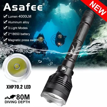 Asafee Strong Light XHP70.2 Фонарик для дайвинга 4000LM Белая лампа Для глубокого дайвинга 80 м 18650 Аккумулятор Для подводного плавания