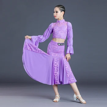 Детское платье для современных танцев Фиолетового цвета, Юбки с длинными рукавами, Костюм Национального стандарта, Одежда для выступлений, Бальное платье DN12891
