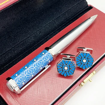 Роскошная металлическая шариковая ручка и запонки Santos-Dumont De Blue с рисунком снежного цветка в виде бочонка и серийным номером