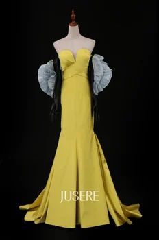 Длинное Приталенное вечернее платье Русалки без бретелек, желтое платье для выпускного вечера без бретелек с черными перчатками