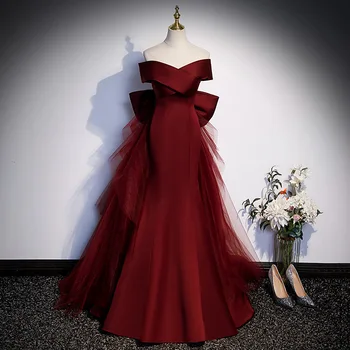 Бордовое Платье с разрезом на спине, платье-Русалка, бант, халат без рукавов, вечернее платье