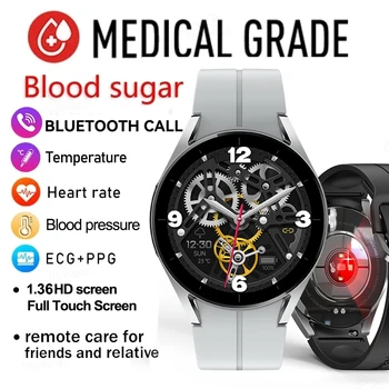 Bluetooth Часы для вызова Smartwatch Монитор уровня сахара в крови Часы Кровяное давление Температура тела Здоровье ЭКГ + PPG Смарт-часы Мужчины женщины