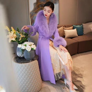 Фиолетовый цвет, Роскошная Тонкая куртка из натурального лисьего меха, пальто с лацканами, толстые теплые женские плюшевые пальто из натурального меха, верхняя одежда