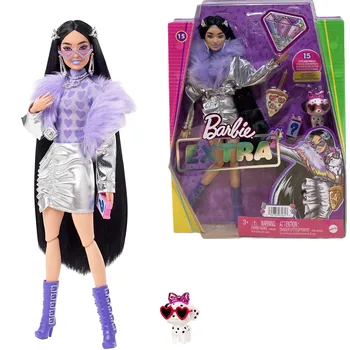 Кукла Barbie Extra # 15 В Мотоциклетной куртке цвета Серебристый металлик с Удлиненными волосами и Аксессуарами для домашних щенков, Игрушка-кукла с гибкими суставами HHN07