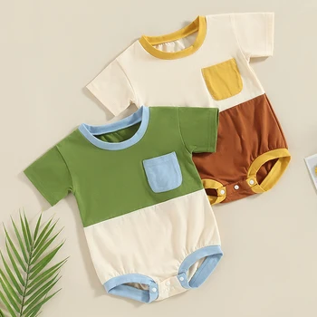 Летний Детский комбинезон с коротким рукавом Хлопчатобумажная одежда для мальчиков Комбинезон для новорожденных девочек Контрастного цвета Одежда
