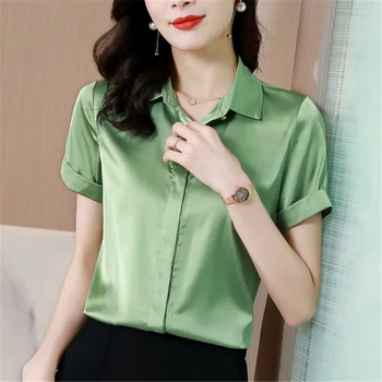 Женская рубашка, однотонная блузка на пуговицах для женщин, атласные офисные женские рубашки с коротким рукавом, зеленая блузка-поло с вырезом лодочкой, весенняя женская рубашка
