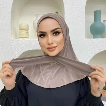 Эластичный Хиджаб из спандекса для мусульманских женщин, мгновенно регулируемый на кнопке, Практичная Готовая шаль Тудунг, Повседневный вид, Модный Тюрбан