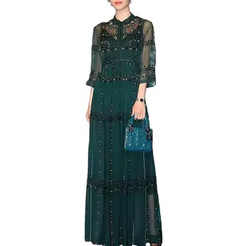 Модное дизайнерское женское платье с отложным воротником, высокой талией и вышивкой в полоску, Винтажное сетчатое платье, летнее элегантное вечернее платье