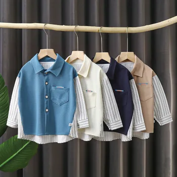 Рубашка в полоску с длинными рукавами для мальчиков, весенняя новая детская рубашка из двух предметов, осенний детский топ