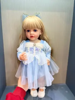 55 См Полное Тело Силиконовая Возрожденная Малышка Принцесса Девочка Бетти с Длинными Светлыми Волосами Голубое Платье Реалистичная Настоящая Кукла-Младенец С Видимыми Венами