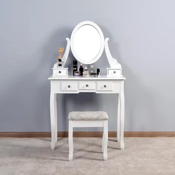 Белый туалетный столик, туалетный столик и табурет из дерева, стол для макияжа, небольшой шкаф для хранения, встроенный столик для макияжа