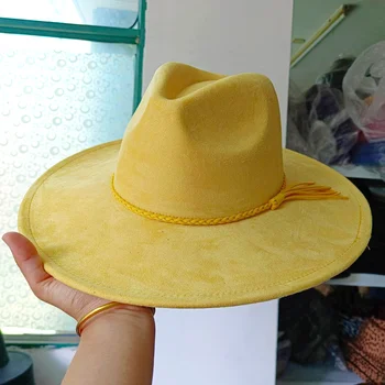 английский цилиндр с широкими полями из желтой замши 9,5 см, Женская замшевая шляпа с кисточками, сомбреро унисекс