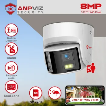 Anpviz 8-Мегапиксельная Двухобъективная POE-Камера Ultra Wide Angel 180 ° Панорамная Камера Безопасности AI Обнаружение Автомобиля Человеком Звуковое Предупреждение Сигнализация