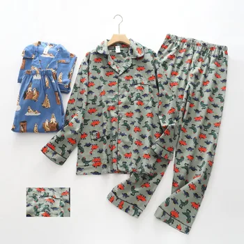Осенне-зимняя мужская пижама с длинными рукавами и мультяшным рисунком, хлопковый пижамный комплект с отложным воротником, брюки с эластичной резинкой на талии, пижамы