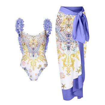 Фиолетовый Модный цельный женский купальник с принтом 2023, Сексуальный комплект бикини на шнуровке с открытой спиной, роскошный праздничный купальный костюм, Пляжная одежда