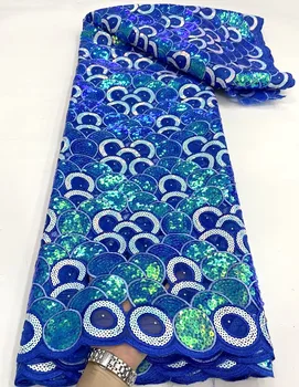 Кружевная ткань с пайетками в нигерийском стиле 2023, Высококачественная синяя африканская тюлевая ткань с вышивкой для шитья свадебного платья, Сетчатое кружево, 5 ярдов
