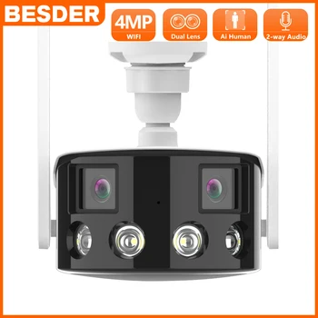 BESDER 8MP 4K Двухобъективная Сверхширокоугольная 180 ° WiFi IP-камера 4MP Беспроводная Наружная камера видеонаблюдения с искусственным интеллектом, обнаруживающая человека