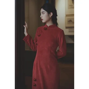 Осенне-зимнее Новогоднее Китайское традиционное платье Чонсам для женщин, Восточные Винтажные платья Винно-красного цвета, Одежда для Тостов Невесты