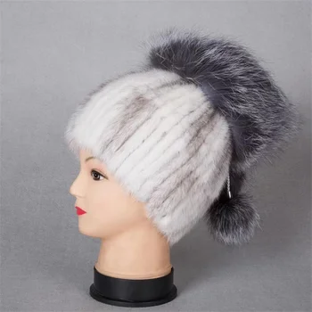 Женская шапка из натурального меха норки, вязаная нить, утолщенная подкладка, очень красивый, теплый и холодный головной убор, штриховка,