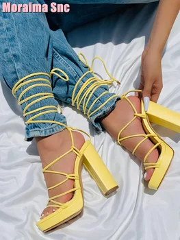 Босоножки на платформе со шнуровкой в узкую полоску, квадратный носок, массивный каблук, перекрещивающийся ремешок, Сексуальное платье, женская обувь для летних вечеринок, Модная желтая