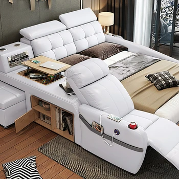 Современная кожаная Умная кровать с массажем, Многофункциональная мебель для спальни с ящиком для хранения Кроватей