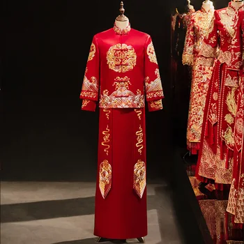 Восточные свадебные комплекты одежды для жениха в китайском стиле, традиционный халат для пары с вышивкой дракона, Размер S-2XL