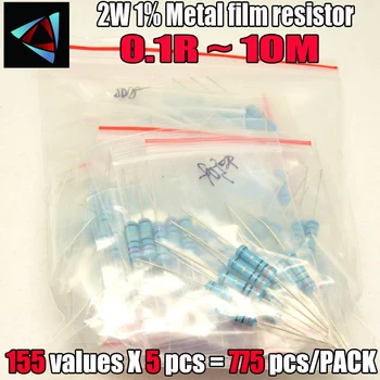 775шт 2 Вт 1% 155 значений x5шт 0,1 R ~ 10 М 1% Металлический Пленочный Резистор Ассорти Комплект