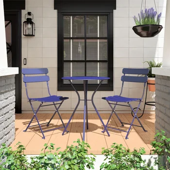 Гостиная на открытом воздухе, Набор для бистро из 3 предметов с 2 складными стульями, походный стол темно-синего цвета