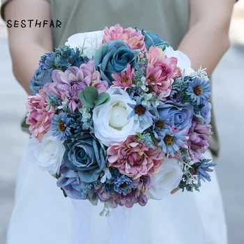 Букет цветов Винтажный Синий Шелковый Дикий для Свадьбы Однотонный Букет Невесты Свадебные украшения для дома
