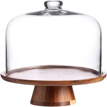 Круглая Деревянная Подставка для торта с высокой куполообразной крышкой | Тарелка для торта для кухни, вечеринок и выпечки подарков | Прозрачная стеклянная крышка | Подставки для торта с
