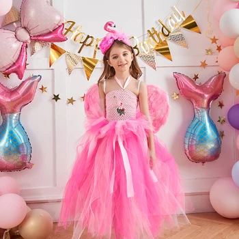 Изящное платье-пачка с Фламинго и повязкой на голову, Длинное птичье перо для девочек, Маскарадный костюм для Вечеринки в честь Дня рождения для детей, платья Принцессы