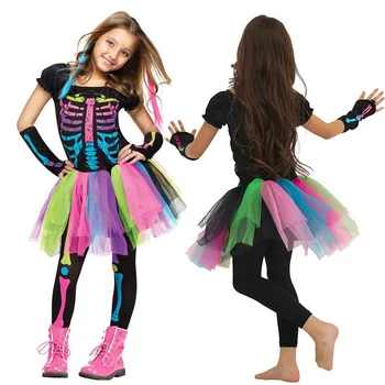 Костюм для Косплея на Хэллоуин, Танцевальный костюм Зомби, Детский костюм для выступлений с Радужным скелетом-призраком для девочек