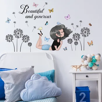 2 шт., Наклейка на стену с изображением одуванчика, маленькой девочки, Бабочки, гостиной, Спальни, Декоративная настенная роспись, наклейка на стену, обои Ms2138
