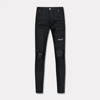 Модные Мужские джинсы Черного Цвета, Эластичные Эластичные обтягивающие Рваные джинсы, Мужские кожаные дизайнерские брюки в стиле хип-хоп с заплатками