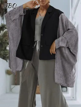 Женские куртки в стиле пэчворк с цветными блоками KBQ, Однобортные Свободные Повседневные пальто с длинным рукавом и лацканами, Женская модная Стильная одежда 