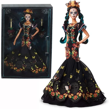 Кукла Barbie Collector Dia De Muertos, 11,5-дюймовая Брюнетка В платье с вышивкой, Цветочная корона и макияж в виде черепа, Подарки на Хэллоуин