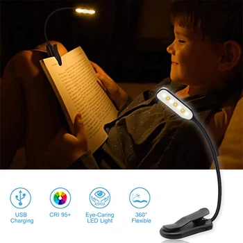 Перезаряжаемая книжная лампа Mini 7 светодиодных защитных ламп для чтения 3-уровневая теплая холодная белая Гибкая лампа с легким зажимом Лампа для чтения