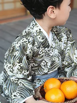 Кимоно для мальчиков в японском стиле с поясом, Халат, Волны, Летняя хлопковая домашняя одежда Юката, платье для фотосъемки, одежда для косплея