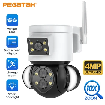 4-мегапиксельные WIFI IP-камеры с двумя объективами 10-кратная Камера наблюдения PTZ Наружная Камера безопасности с Автоматическим Отслеживанием Смарт-Прожектор Водонепроницаемый