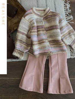 Комплект одежды для маленьких девочек, Модный Детский кардиган в полоску, свитер, Пальто, Расклешенные брюки, 2 предмета, Осенние комплекты для маленьких девочек