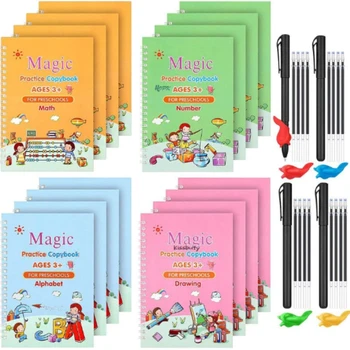 4 Книги / набора 3D детских тетрадей многоразового использования, практика рукописного ввода, изучение английского языка, Волшебные канцелярские принадлежности, канцелярские принадлежности для каллиграфии