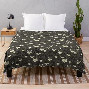 Японские волны и Шиба - темно-оловянное пледовое фирменное одеяло, роскошное брендовое одеяло