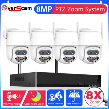 4CH 4k Wifi PTZ IP-камера Системный Комплект 8-Кратный Зум с Двумя Объективами Беспроводная Система видеонаблюдения с 8-мегапиксельной 8-канальной системой Безопасности WiFi NVR